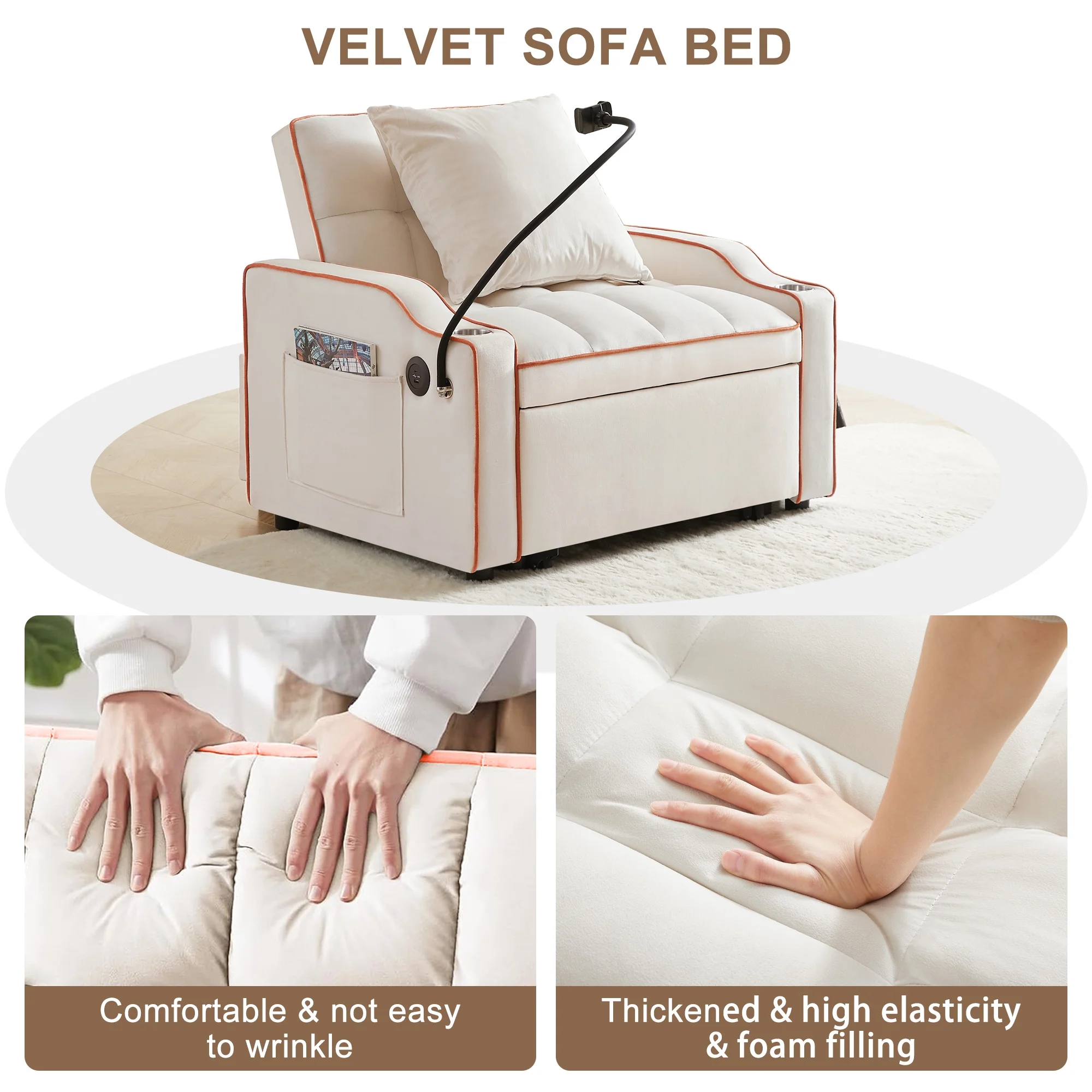 Aukfa Sleeper Chair Bed, Convertible Pull Out Sofa Bed with USB Port, Cup Holders and Swivel Phone Holder, Beige