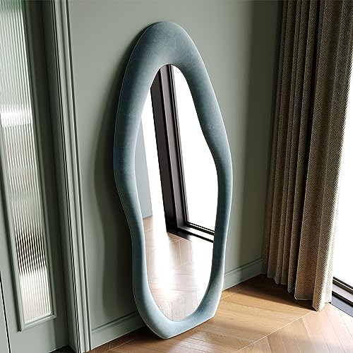 Honyee Full Length Mirror, 63" x 24" Wall Mirror, Flannel Wrapped Wooden Frame Floor Mirror, Irregular Wavy Mirror Hanging or Leaning Against Wall for Cloakroom/Bedroom/Living Room, Milk Tea