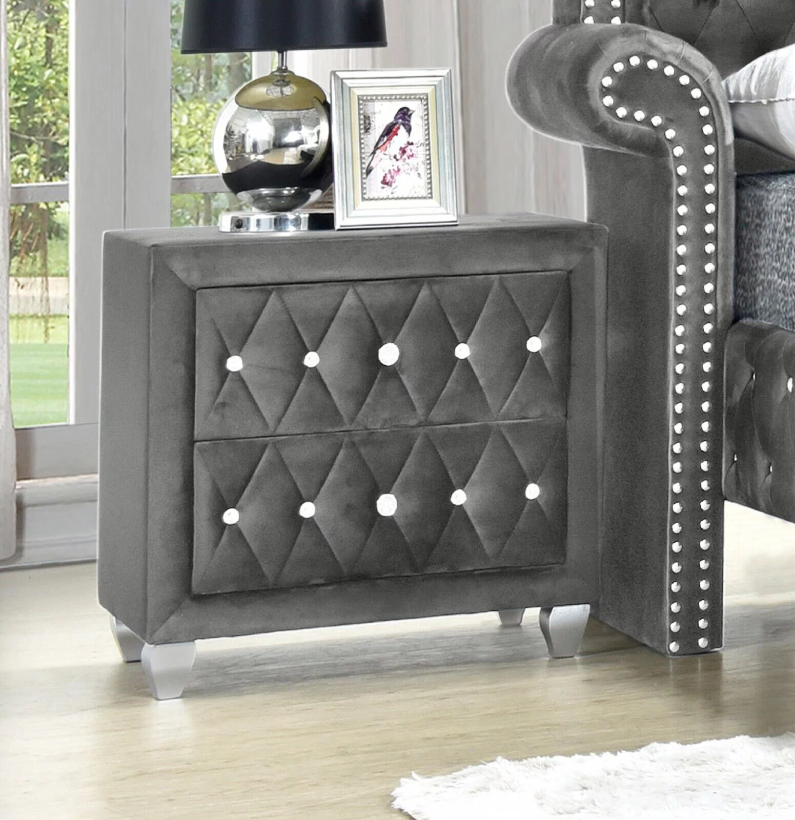 Modern 6Pc Queen Size Bed Dresser Mirror Nightstand Chest Set Master Bedroom Furniture Gray Velvet