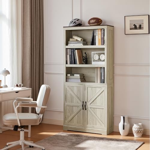 LINSY HOME Bookcases with Doors, Farmhouse Storage Cabinet 69 in Tall 5-Shelf Bookcase, Floor Standing Display Bookshelves with Adjustable Shelves for Living Room, Bedroom, Kitchen, Black