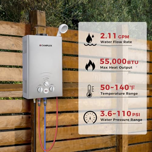 CAMPLUX 2.64 GPM Propane Portable Gas Water Heater, 68,000 BTU Outdoor Tankless Camping Water Heater with Digital Display, White