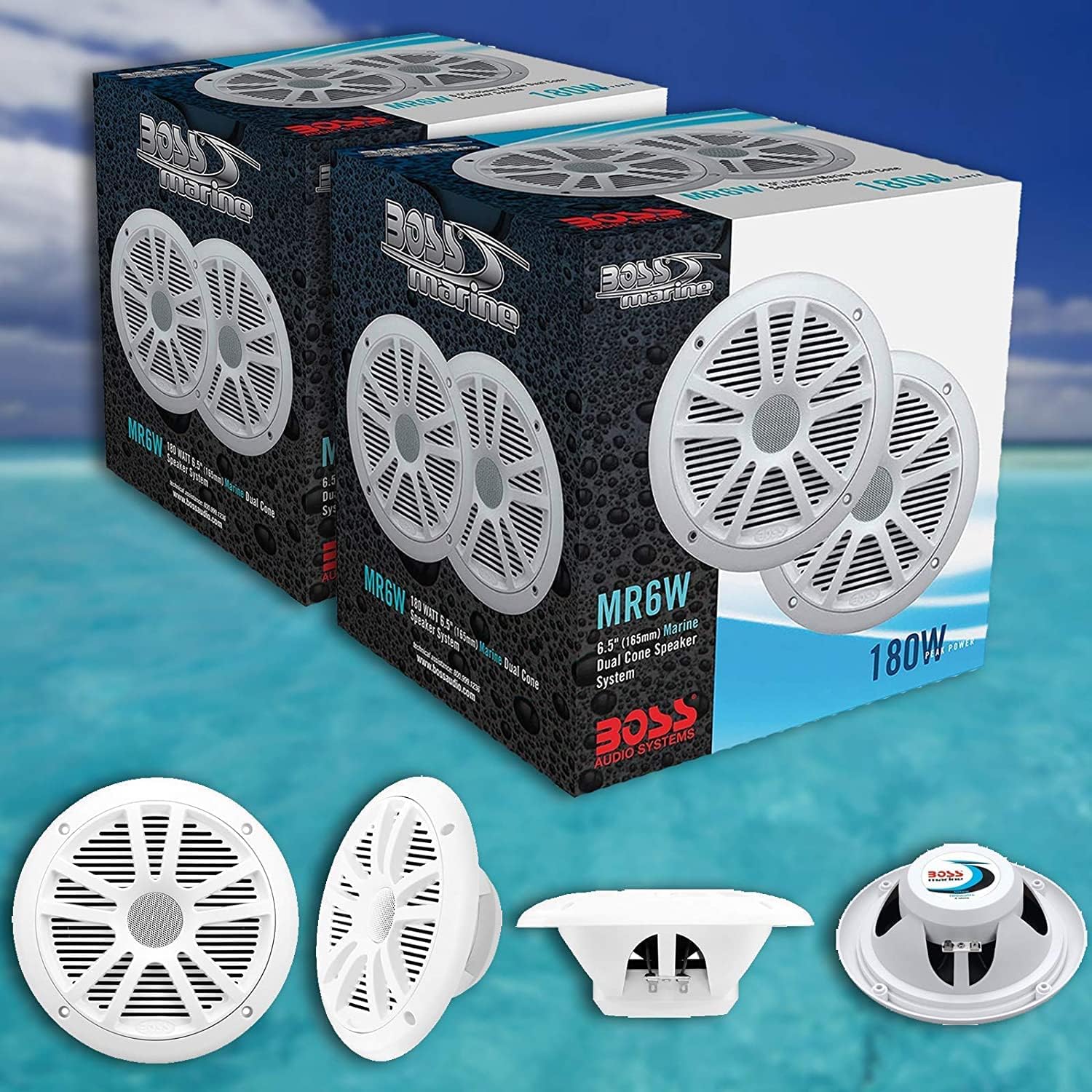 BOSS Audio Systems MR500UAB Marine Stereo & Four Speakers Boat Audio Bundle. IPX 6 Weatherproof Head Unit w/ Bluetooth, USB Input, AM/FM Radio, Aux, Play Music or Streaming Audio Apps from Your Phone