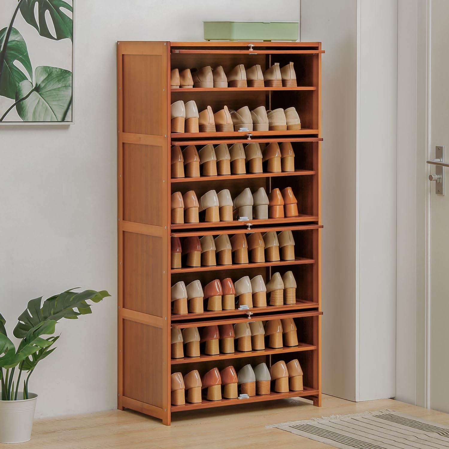 Magshion Bamboo Free Standing 8 Tier Shoe Shelf Storage Rack with Flip Doors, Freestanding Shoe Cabinet Organizer for Convenient Shoe Organization (Brown)