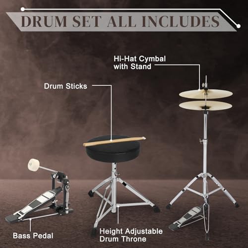 Ktaxon 22 Inch Adult Drum Set, 5-Piece Full-Size Drums Kit with Cymbal Stands, Hi-hat Stand, Sticks, Drum Pedal, Stool & Floor Tom for Beginner Teens Student (Blue)