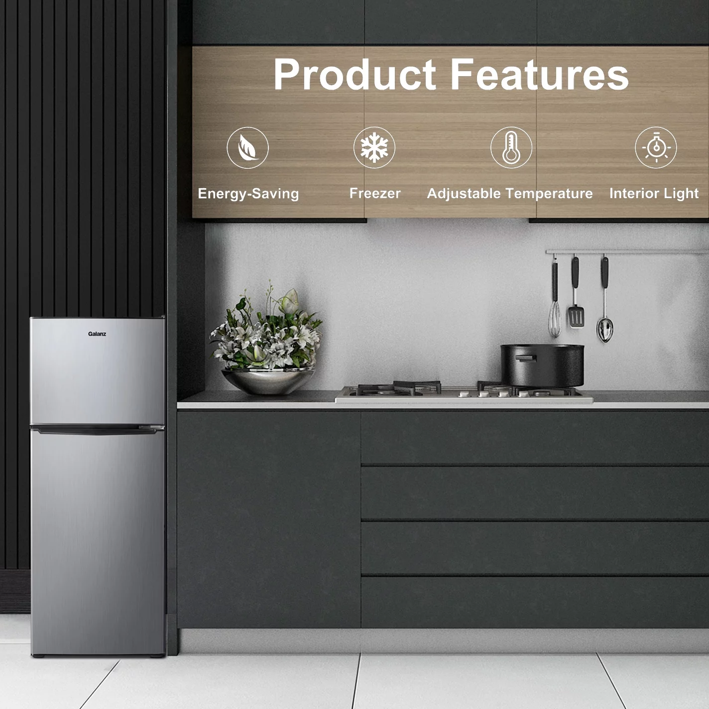Galanz 4.6. Cu ft Two Door Mini Refrigerator with Freezer, Stainless Steel, New, Width 19.13"