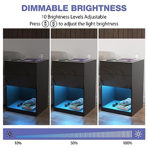 HOMMPA Set of 2 White LED Nightstand with Charging Station Side Table with Open Shelf Night Stand with Led Lights USB Ports Outlets Bedside Table End Table with Drawers Storage for Bedroom