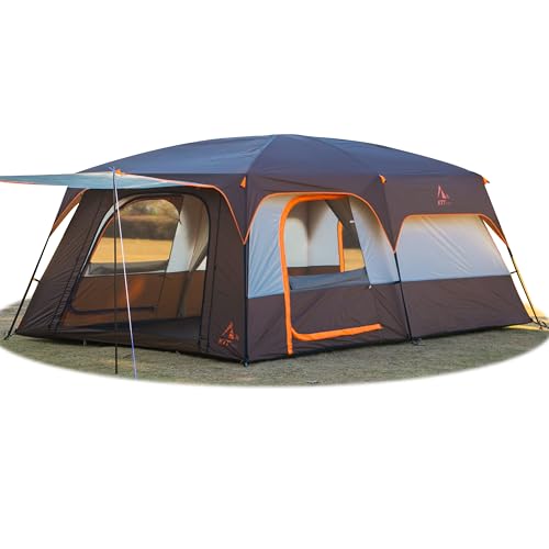 KTT Extra Large Tent 10-12-14 Person(Style-B),Family Cabin Tents,2 Rooms,3 Doors and 3 Windows with Mesh,Straight Wall,Waterproof,Double Layer,Big Tent for Outdoor,Picnic,Camping,Family Gathering