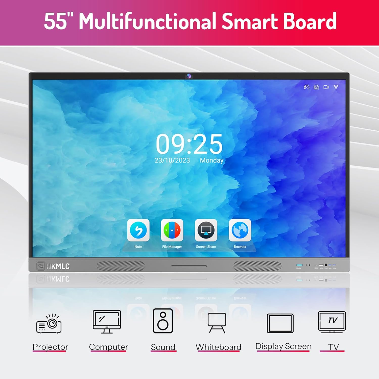 HKMLC Smart Board, 55 Inch All-in-One Interactive Whiteboard with 4K UHD Touch Screen Flat Panel, Digital Electronic Whiteboard for Classroom and Business(Whiteboard+Stand)