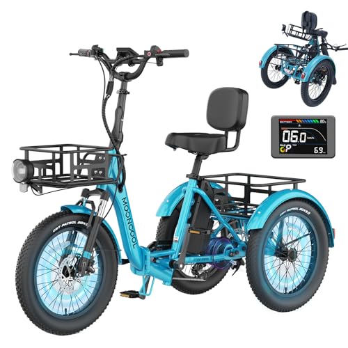 MOONCOOL Electric Tricycle for Adults, 500W/750W 48V 20" Folding Electric Trike Peak Power 1100W, 3 Wheels Electric Bicycle, Aluminum Frame Electric Tricycle with Large Basket and Removable Battery