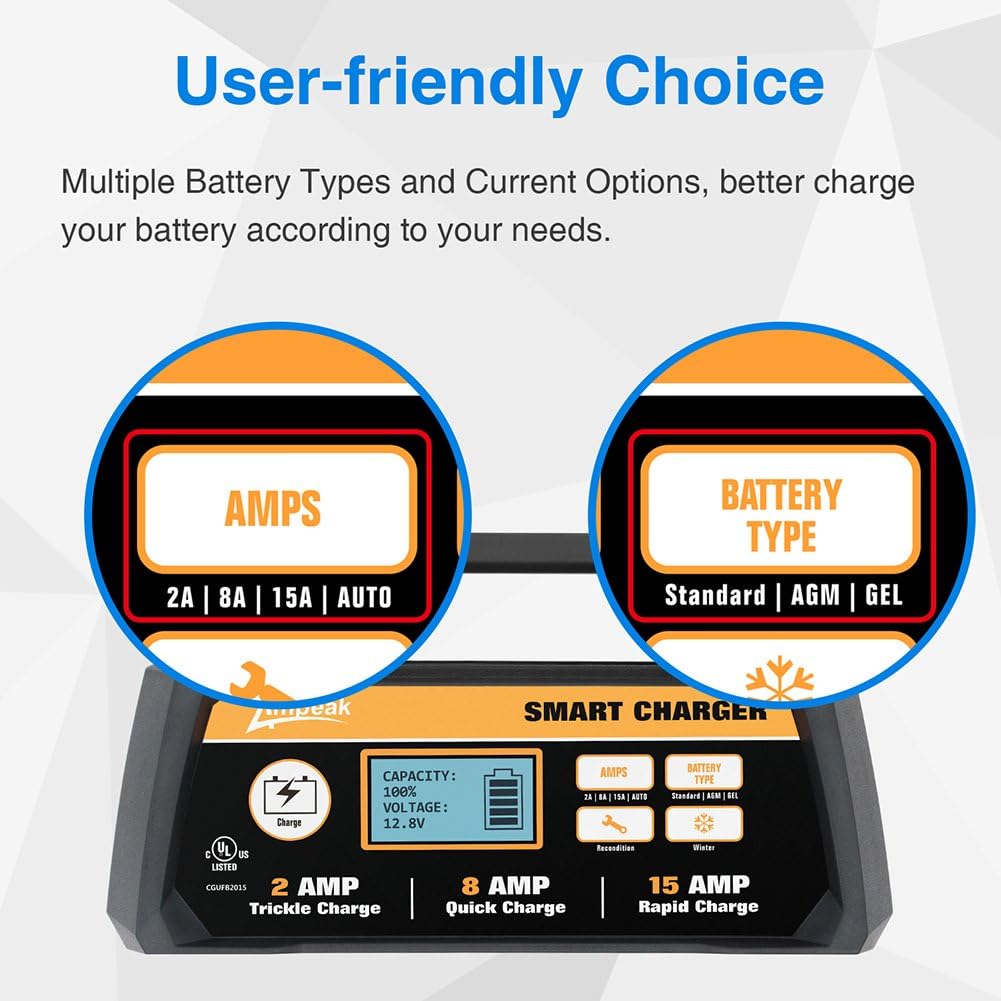 Ampeak 6V 12V Smart Car Battery Charger and Maintainer 2A 8A Fully Automatic with Cable Clamps