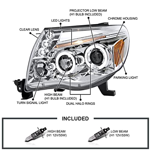 SPEC-D TUNING LED Halo Chrome Housing Clear Lens Projector Headlights Lamps Compatible with 2005-2011 Toyota Tacoma, Left + Right Pair Headlamps Assembly