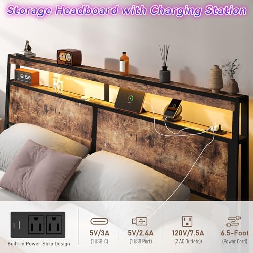 SADENICEL Queen Bed Frame with Storage Headboard and 4 Drawers, Metal Platform Bed Frame with LED Light, Charging Station, No Box Spring Needed, Noise Free, Easy Assembly, Vintage Brown