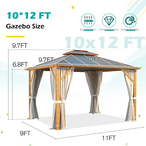 YOLENY 10' x 12' Hardtop Gazebo, Wood-Looking Gazebo with Galvanized Steel Double Roof, Aluminum Frame, Permanent Metal Pavilion with Netting and Curtains for Deck, Backyard, Patio and Lawns