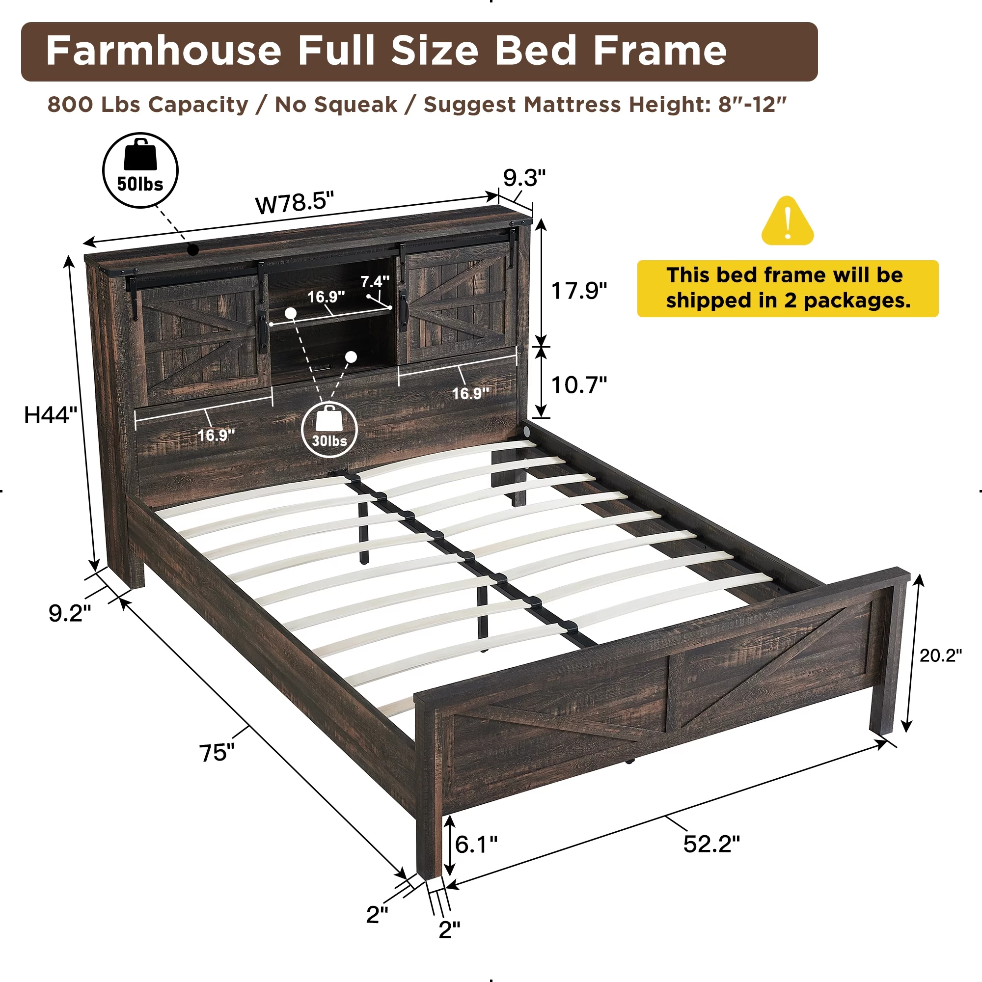 OKD Modern Farmhouse Full Platform Bed with Bookcase Headboard Storage and Charging Station, No Box Spring Needed, Anitique White Finish