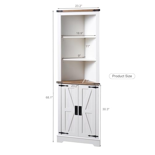 AMERLIFE 68" Tall Corner Cabinet, Farmhouse Corner Cabinet with Barn Door Design,Wall Corner Cabinet with Adjustable Shelves for Bathroom, Living Room,Antique White & Barnwood