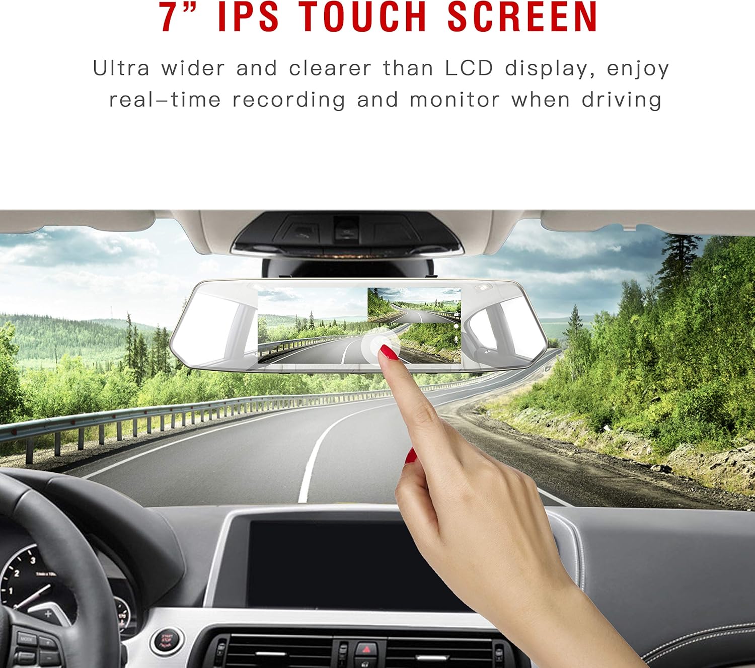 7 Dual Mirror Dash Cam Front and Rear FHD 1080P Car Camera Touchscreen Rear View Mirror Camera Waterproof Backup Camera with Parking Assistance Motion Detection
