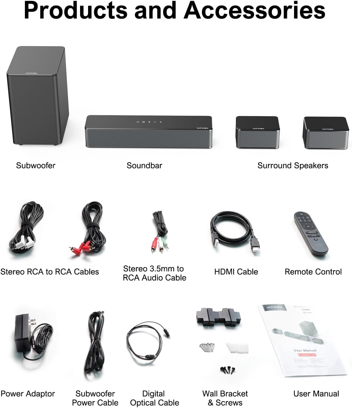 ULTIMEA 5.1 Sound Bar Compatible with Dolby Atmos, Peak Power 410W, Sound Bar for Smart TV with Subwoofer, 3D Surround Sound System for TV, Surround and Bass Adjustable Home Theater, Poseidon D60