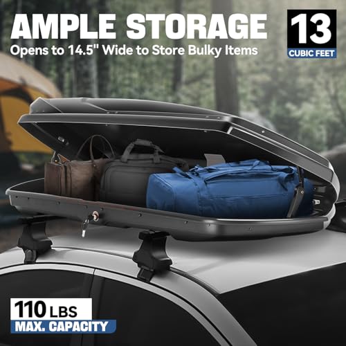 Auto Dynasty Hard Shell Roof Top Mount Car Storage Travel Luggage Box Cargo Carrier, 53 (L) x 34 (W) x 15 (H) Inches, Capacity 110 Pounds, 11 Cubic Feet (Tool-Free Install), Glossy Black Finish