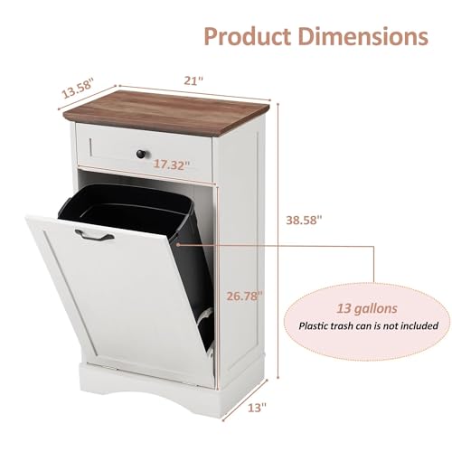 13 Gallons Tilt Out Trash Can Cabinet Freestanding Trash Cabinet Wood Garbage Recycling Cabinet with Hideaway Drawer Pet Proof Trash Can Holder for Kitchen Living Room, White