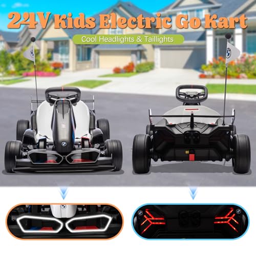 36V Electric Go Kart for Kids, Licensed BMW Battery Powered Drift Racing Go Kart, 7.5 MPH Drift Kart with Dual 300W Powerful Motor, Kids Race Pedal Go Karting Car w/Adjustable Speed, White