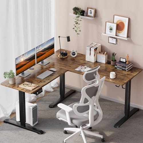 L-Shaped Electric Standing Desk, 63 x 48 Inches Height Adjustable Coner Table, Home Office Computer Workstation, Rustic Brown, 63 x 48 Inch