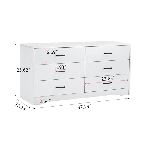 6 Drawer Dresser for Bedroom,Wooden Wide Chest of 6 Drawers, Modern Storage Chest Organizer with Metal Handles for Living Room Bedroom Hallway Entryway Nursery