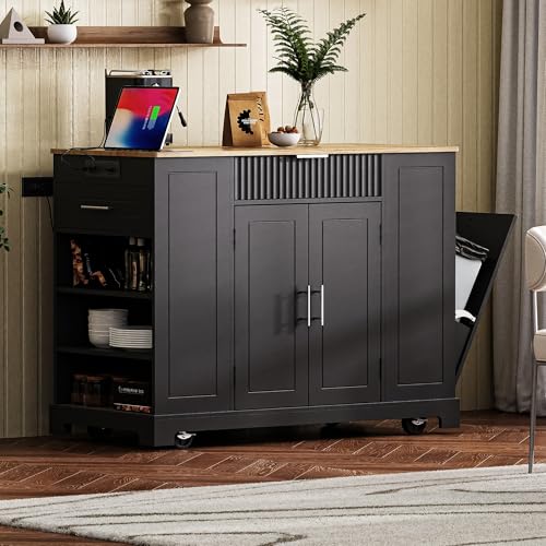 60" Kitchen Island with Drop Leaf and Power Outlet, Rolling Kitchen Cart on Wheels with Trash Can Storage Cabinet, Spice Rack, Towel Rack and Adjustable Shelf for Dining Room