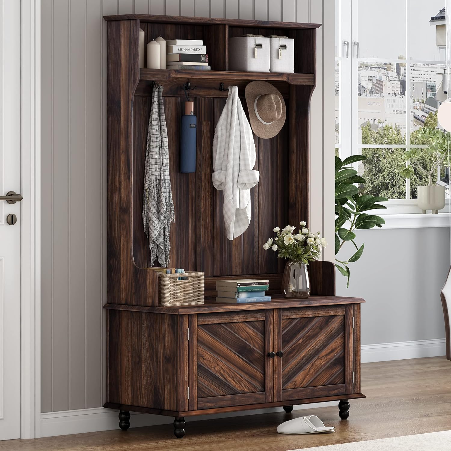 1 Hall Tree, Multifunctional Entryway Bench with 4 Hooks & Shoe Cabinet, Top Open Shelf, Solid Wood Frame and Anti-Tip Design, Ider for Hallway, Living Room, Bedroom, Brown
