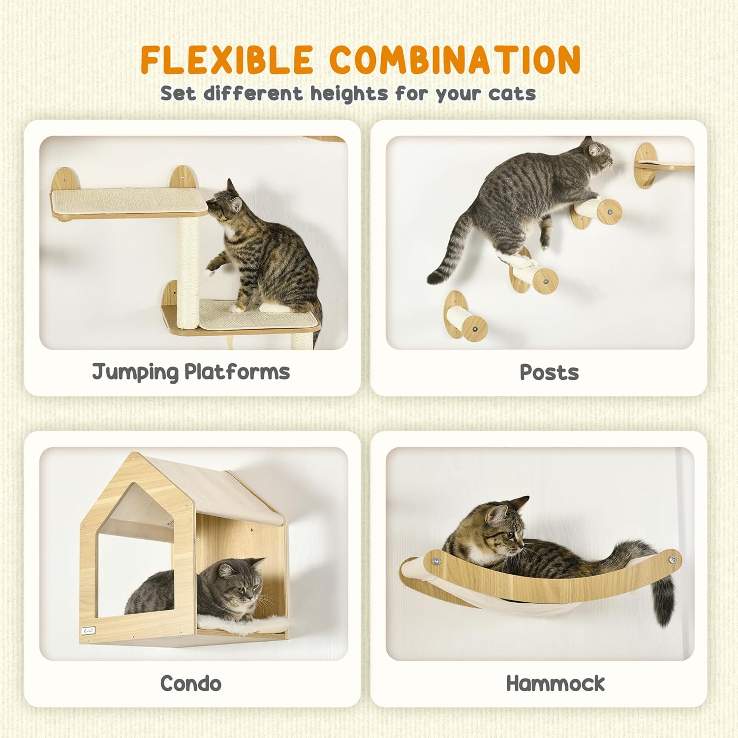 PawHut 8Pcs Wall Mounted Cat Tree Cat Shelf Set, Cat Wall Furniture with Cat Hammocks, Condo, Perches, Steps, Modern Cat Tree for Indoor Cats
