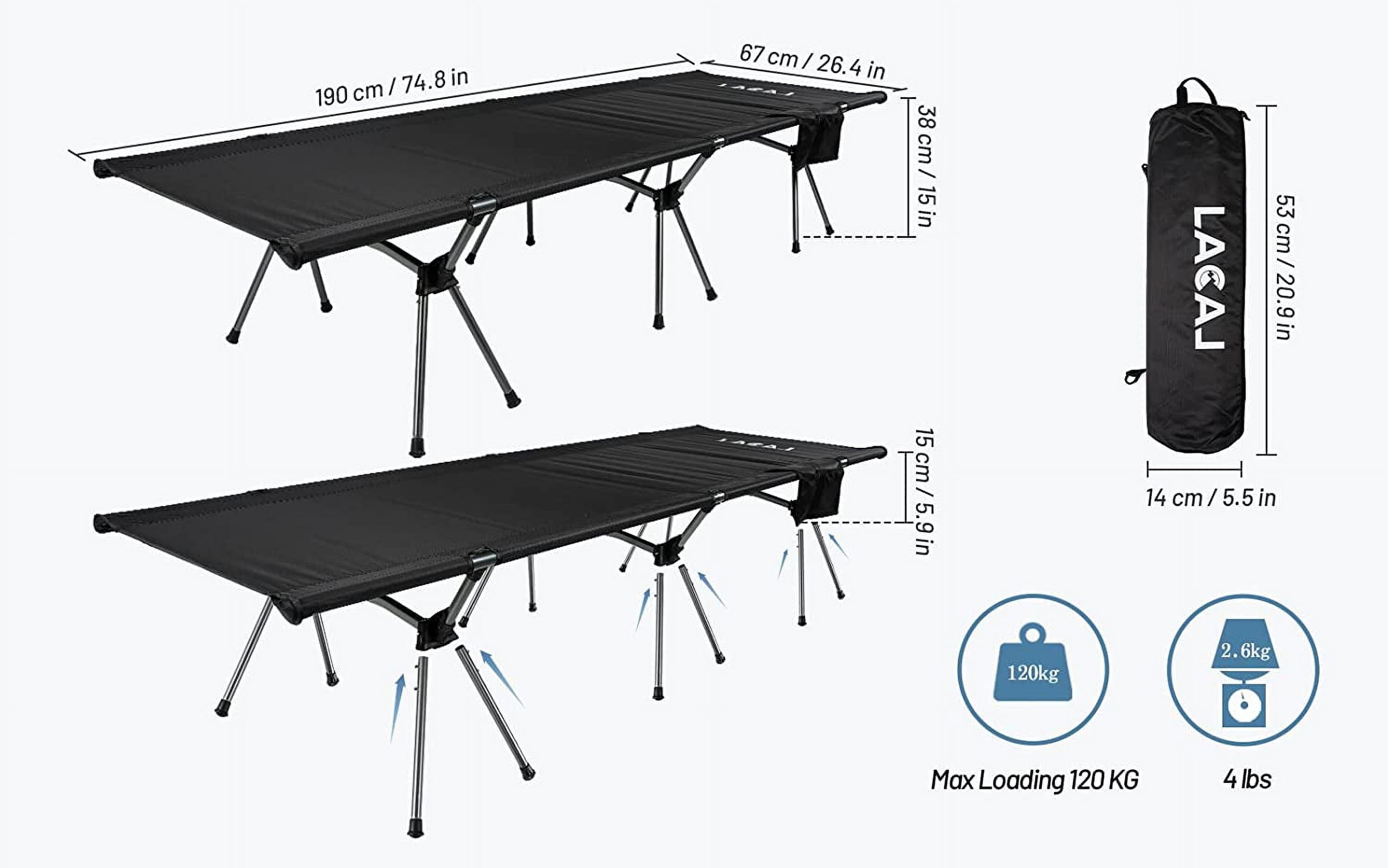 RUO Foldable High/Low 2 Modes Camping Cot with Side Pocket, Extend Legs, Storage Bag, Ultralight & Durable Backpacking Travel Tent Cot, Easy to use for Woman & Man