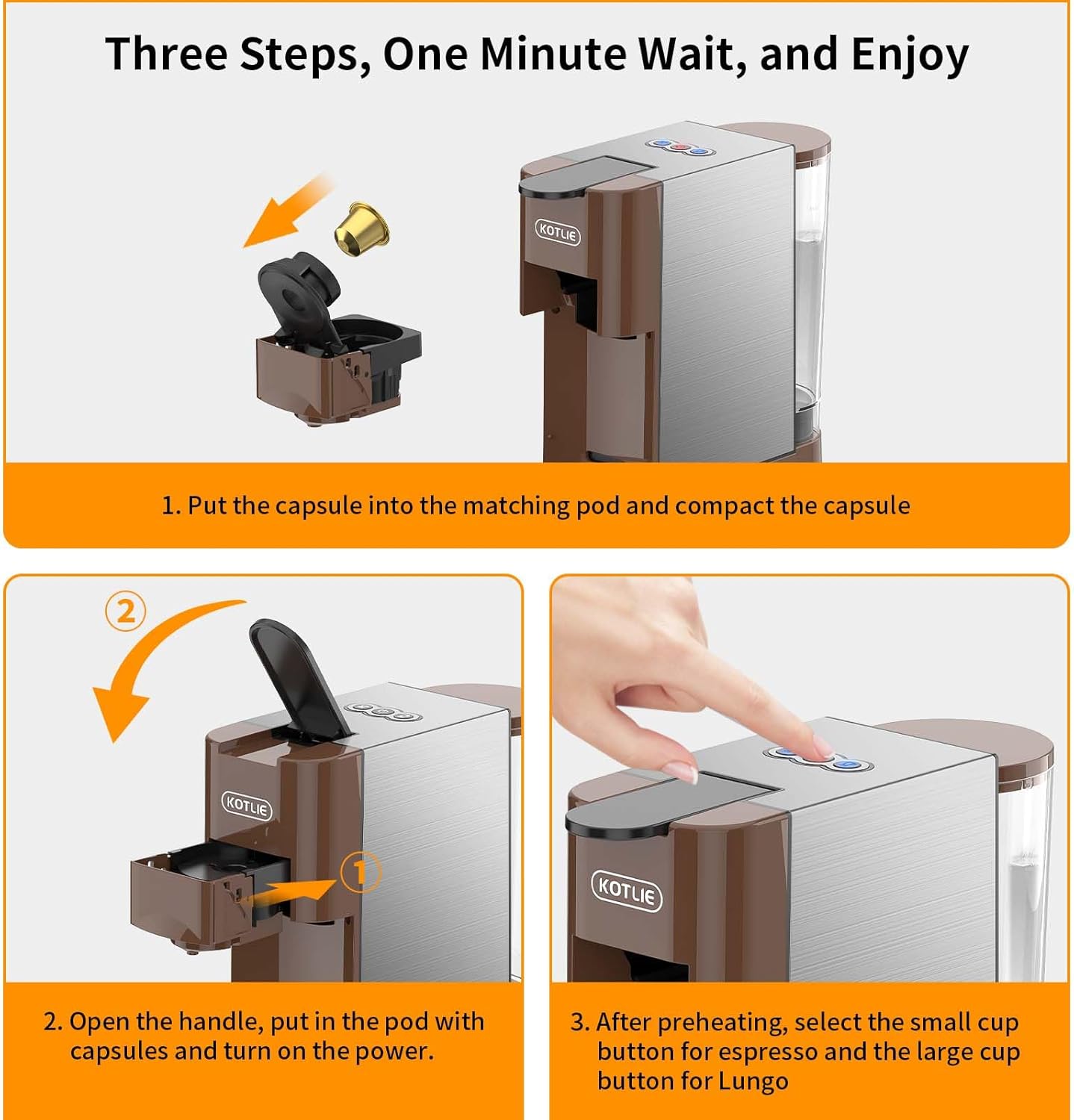 KOTLIE Multifunctional 4in1 Espresso Machine, 19Bar Pressure Single Serve Coffee Maker for Nespresso Original Capsule/Kcup Capsule/L’OR Capsule/illy 44mm ESE coffee bag/Ground Coffee