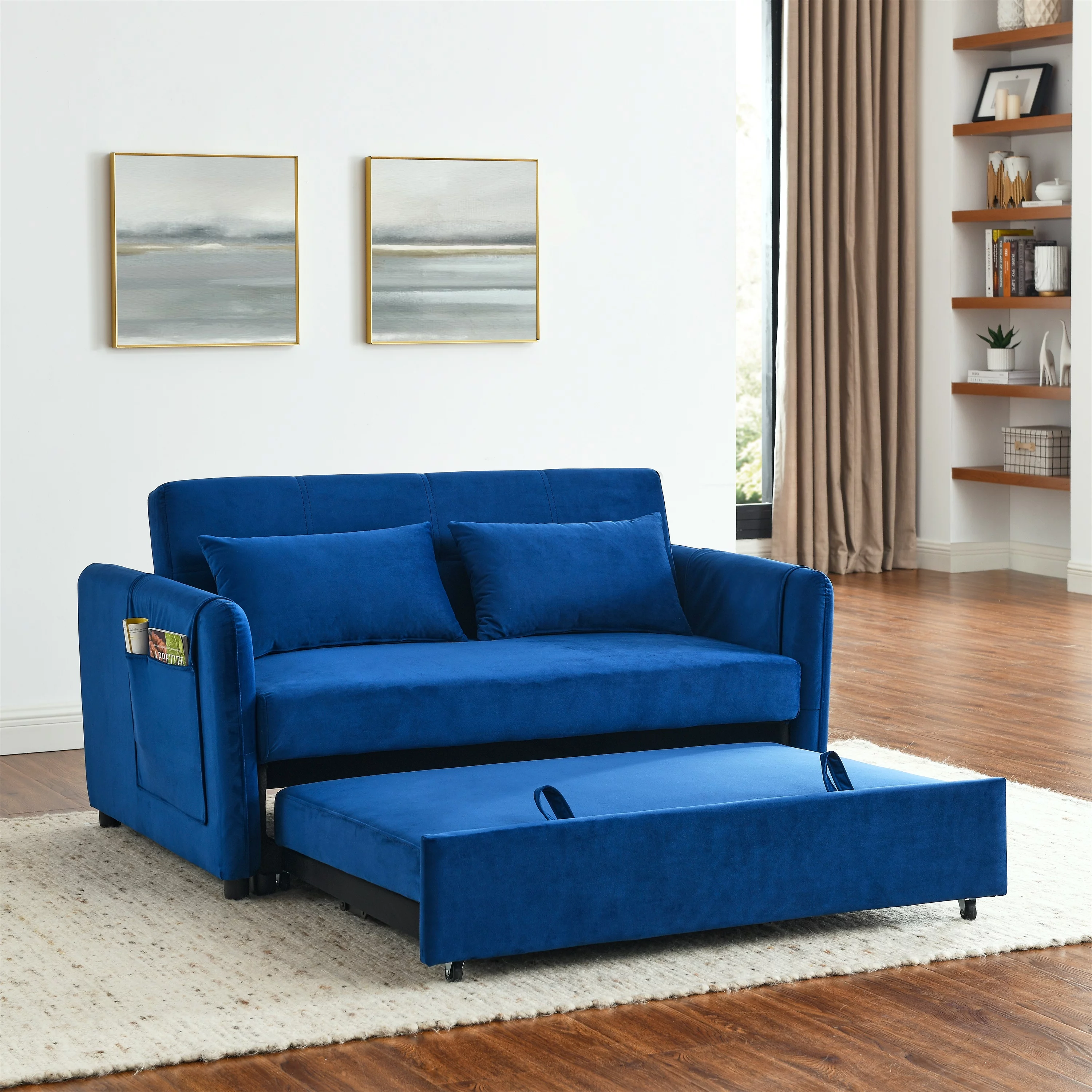 Modern Velvet Pull Out Convertible Sleeper Sofa Bed, Folding Loveseat Futon Couch with Adjustable Backrest Lumbar Pillows for Living Room Bedroom Office - Curated Treasures Market