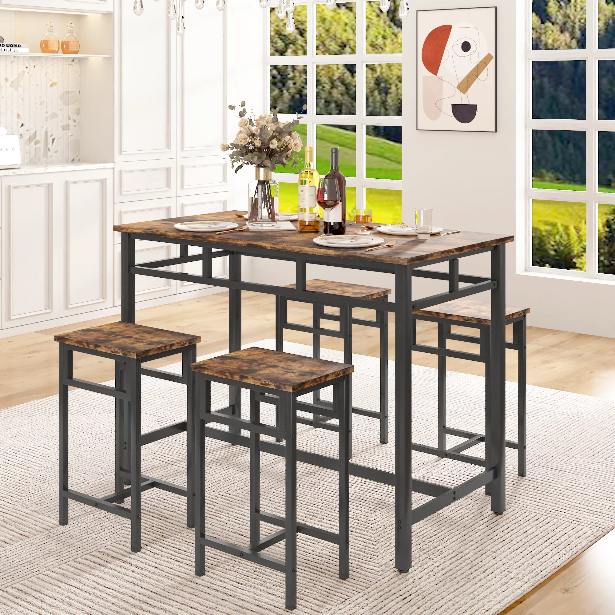 5 Piece Dining Table Set, Modern Pub Table Set with 4 Stools, Counter Height Bar Table Set, 4-Person Home Dining Table and Stools Set, Kitchen Table Set for Breakfast, Rustic Brown, D8997