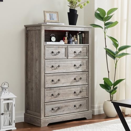 Dresser for Bedroom with Charging Station & LED Light,Tall Dresser & Chests of Drawers with 6 Drawers,Vintage Gray