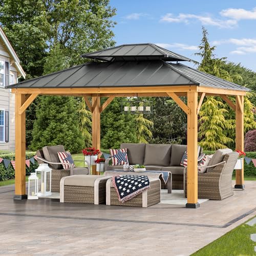 Sunjoy Wood Gazebo with Double Steel Hardtop Roof for Garden, Backyard Shade