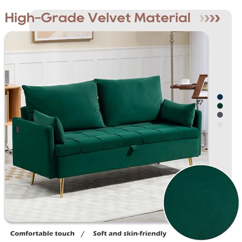60'' Loveseat Sofa Couch with Storage, Modern Loveseat Couch with 4 Pillows & Metal Legs, 2 Seater Sofa with USB & Type C for Living Room,Bedroom, Apartment(Grey-Blue)