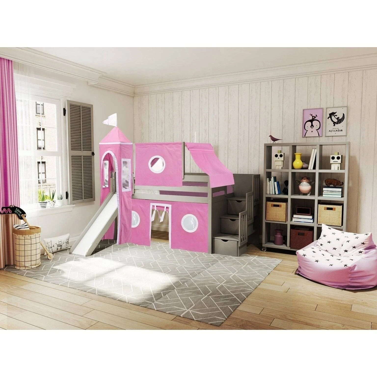 Jackpot Princess Low Loft Stairway Bed with Slide Pink u0026 White Tent and Tower, Loft Bed, Twin, Gray