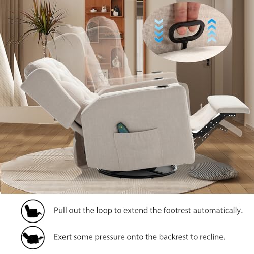 Oversized Swivel Rocker Recliners with Wide Seat Tufted Fabric Manual Recliner Chair with Cup Holders for Living Room, Nursery Rocking Glider Chairs (Beige, Large), Large(330lbs), WX1227GS