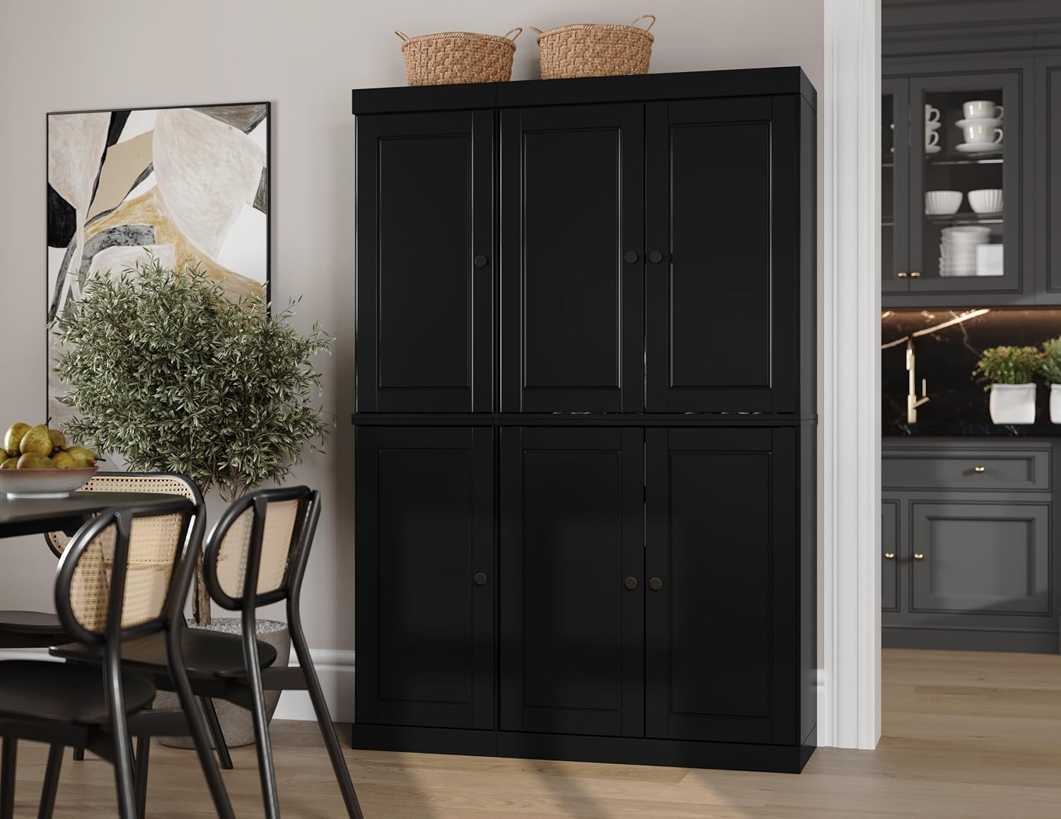 Palace Imports 100% Solid Wood Pantry Cabinet, 6 Wood Doors, Black, 48.5" w, Renewable Eco-Friendly Wood, Made in Brazil