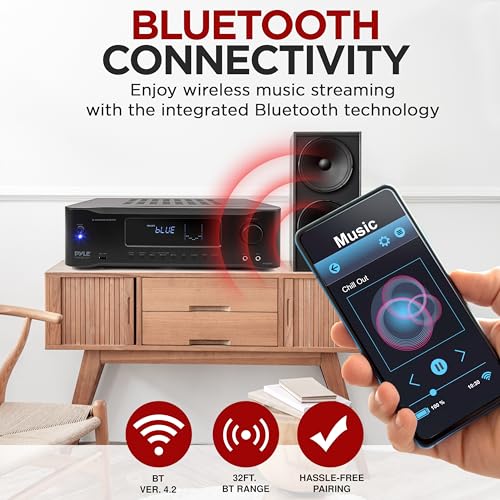 Pyle 5.2-Channel Hi-Fi Bluetooth Stereo Amplifier - 1000 Watt AV Home Speaker Subwoofer Sound Receiver w/ Radio, USB, RCA, HDMI, MIC IN, Wireless Streaming, Supports 4K UHD TV, 3D, Blu-Ray