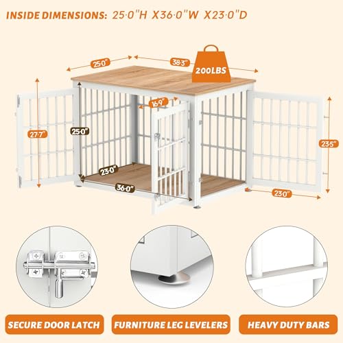 48 Inch Heavy Duty Dog Crate Furniture for Large Dogs, Decorative Pet House End Table, Extra Large Wooden Cage Kennel Furniture Indoor, Natural and White