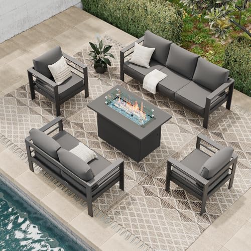 UDPATIO 8 Piece Aluminum Patio Furniture Set, Oversized Modern Outdoor Furniture Set with Olefin Fabric Cushion for Patio Deck Backyard, Dark Grey(with Waterproof Covers)