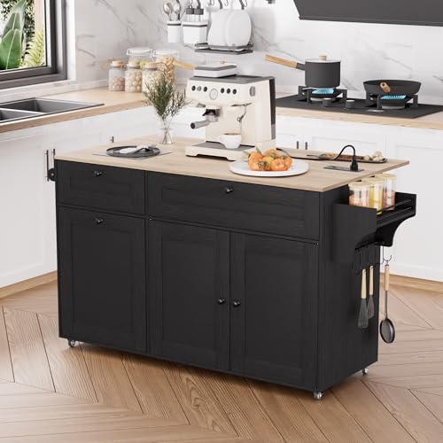 Kitchen Island on Wheels with Storage and Power Outlet, Kitchen Island with Trash Can Storage Cabinet and Drop Leaf, with Spice Rack & Towel Rack, Rolling Island Cart for Kitchens (Black)