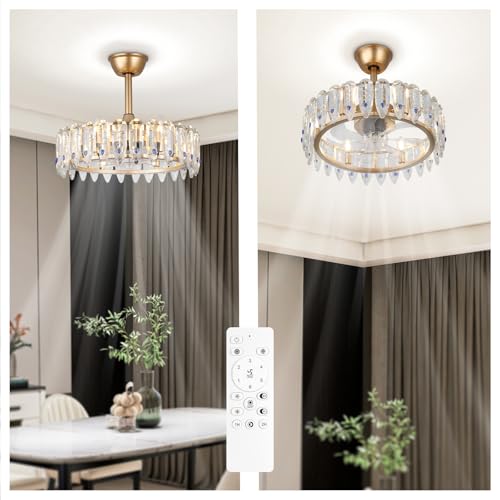 42''Dimmable Fandelier Crystal Chandelier Ceiling Fan Retractable Ceiling Fan with Lights and Remote 6 Speed, 3 Light Change Retractable Blade Chandelier Ceiling Fan for Bedroom(Chrome)