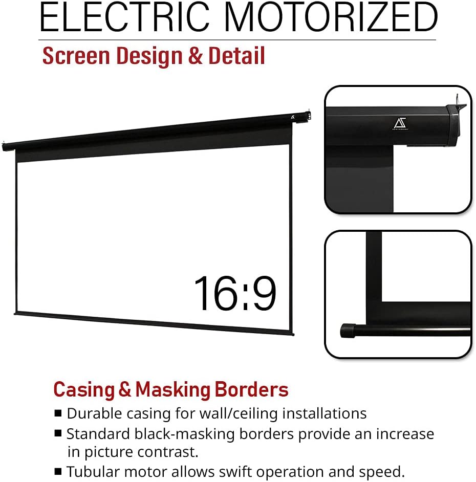 Akia Screens 125 inch Motorized Electric Remote Controlled Drop Down Projector Screen 16:9 8K 4K HD 3D Retractable Ceiling Wall Mount Black Projection Screen Office Home Theater Movie AK-MOTORIZE125H