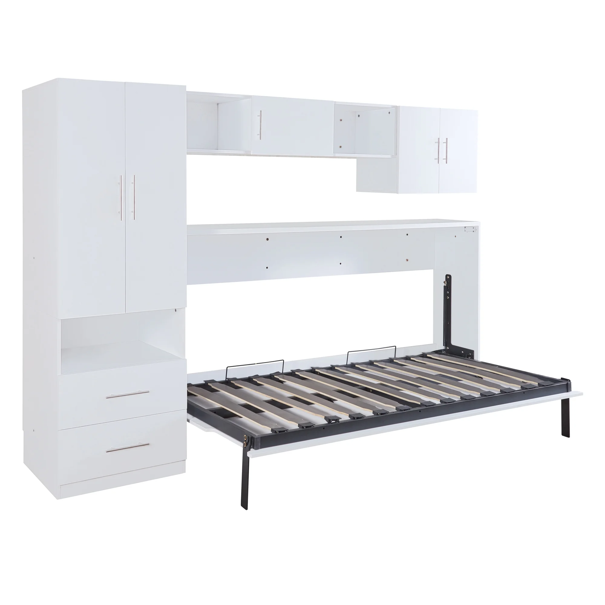 Euroco Twin Size Murphy Bed with Shelf and Drawer, Built-in Wardrobe and Desktop, Convertible into Cabinet for Living Room, Guests Room, Space-Saving Bedroom Furniture Sets