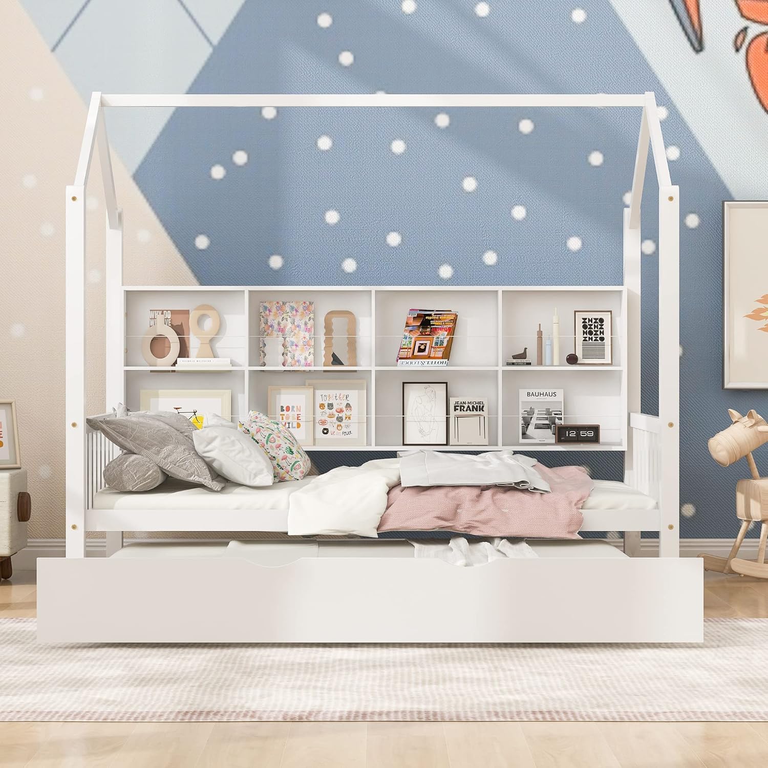 Merax Twin Size Platform Bed with Trundle, Wooden Twin Size House Bed Frame with Storage Shelf, No Box Springs Needed, White