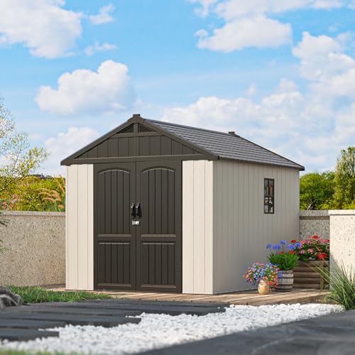 Patiowell 8 x 12 FT Plastic Outdoor Storage Shed with Floor, Resin Shed with Window and Lockable Door for Garden, Backyard, Tool Storage Use, Easy to Install in Beige (Kick-it Shed)