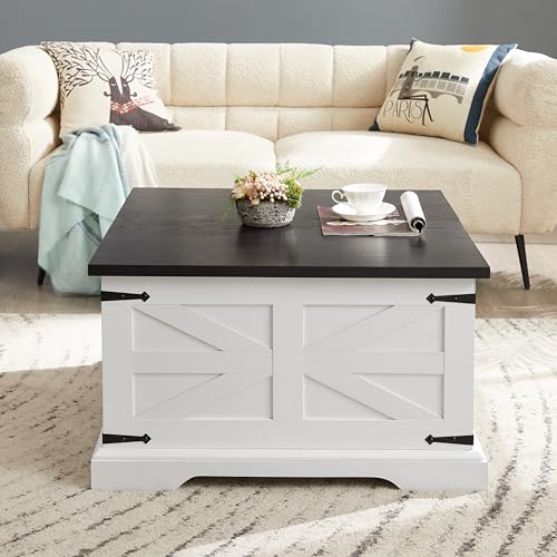 Goujxcy Farmhouse Lift Top Coffee Table, 31.5" Square Wood Center Table with Hidden Storage Compartment for Living Room, Barn Style Central Table Rustic Cocktail Table with Lift Top for Home Office
