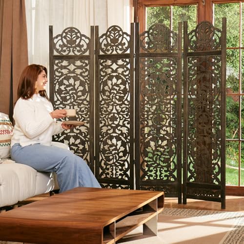 5.75Ft Room Divider Wood Carved Wall Divider Indoor Folding Portable Partition Screen for Home Office Garden Terrace - 4 Panel (Antique Brown)